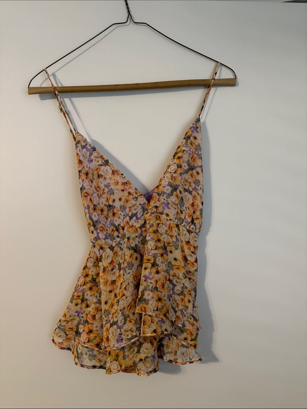 Astr Floral Spaghetti-Strap Ruffle Cami - Yellow & Purple